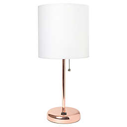 Rose Gold Stick Table Lamp with USB Port and White Fabric Shade