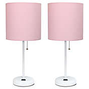 White Stick Table Lamps with Pink Fabric Shades (Set of 2)