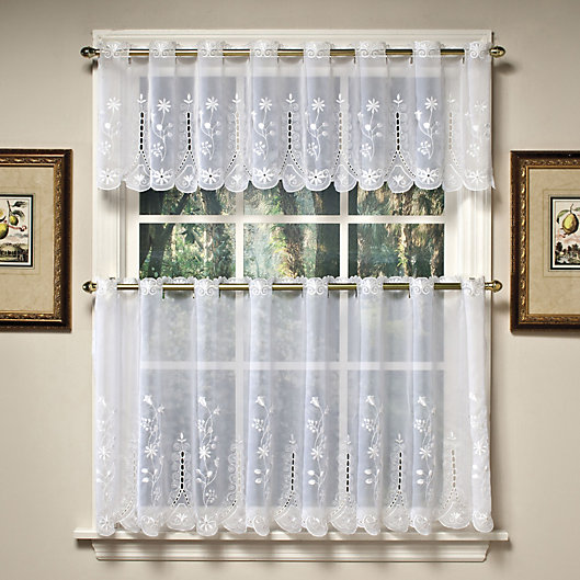 Elegent Embroidered Flower Window Voile Sheer Valance Cafe Tiers Curtains 