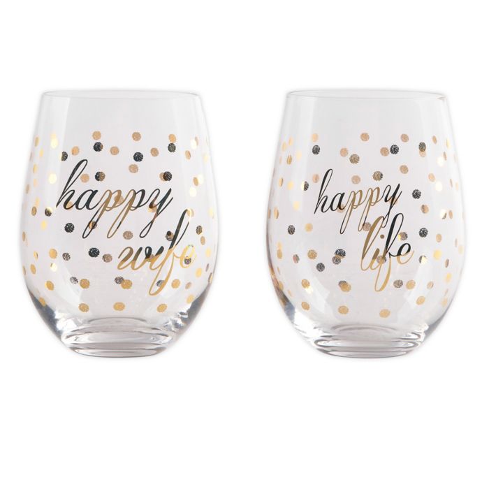 Home Essentials & Beyond "Happy Wife Happy Life" Wine Glasses (Set of 2