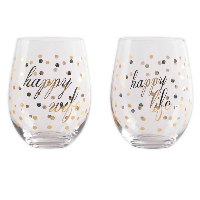 Home Essentials & Beyond "Happy Wife Happy Life" Wine Glasses (Set of 2