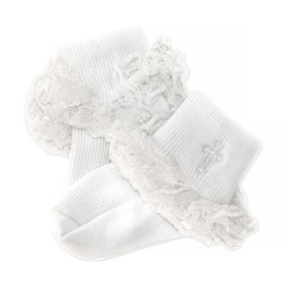 Petalia Ruffle Cross Christening Socks in White