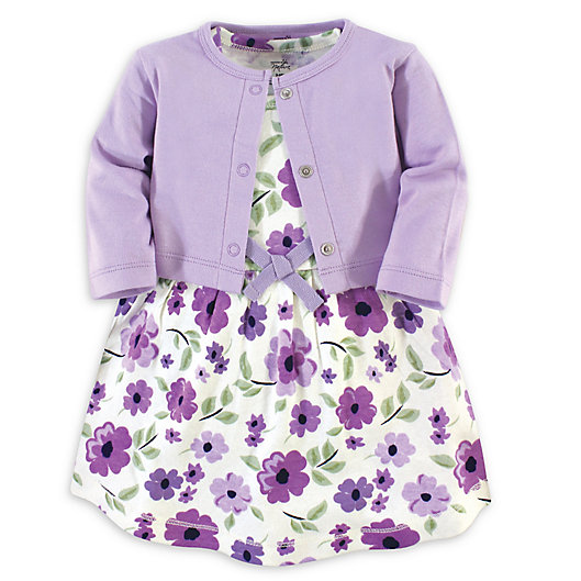 Alternate image 1 for Touched by Nature 2-Piece Purple Garden Organic Cotton Dress and Cardigan Set