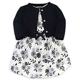 Touched by Nature 2-Piece Floral Organic Cotton Dress and Cardigan Set in Black