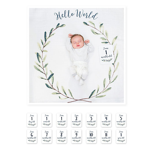 Alternate image 1 for Lulujo Baby Hello World Baby's First Year Swaddle Blanket and Cards Set in White/Green