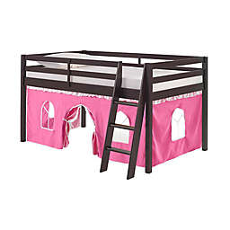 Alaterre Furniture Roxy Junior Loft Bed in Espresso with Pink/White Playhouse Tent