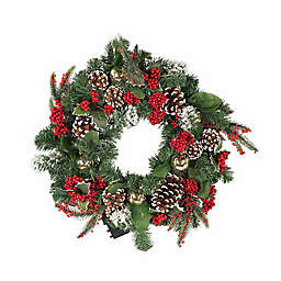 Kurt S. Adler, Inc. 18-Inch Pre-Lit Wreath with Holly Berries, Pinecones, and LED Lights