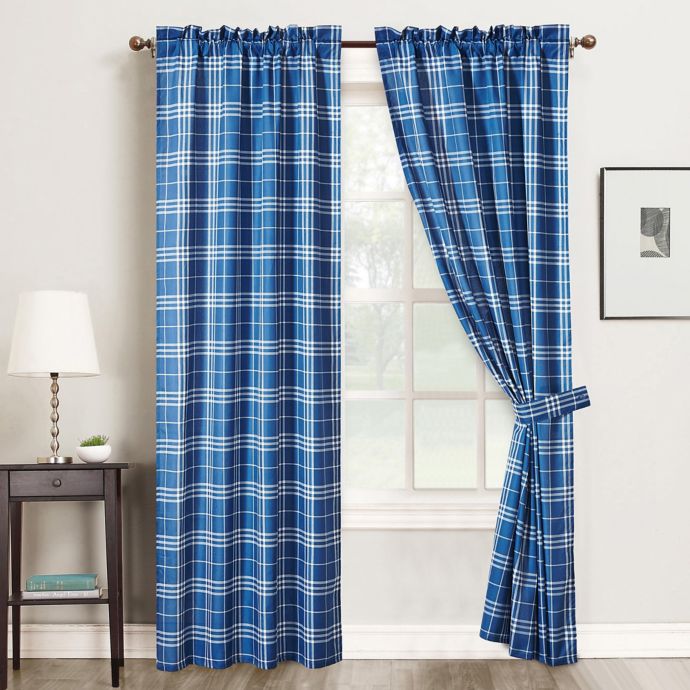 Plaid 84 Inch Rod Pocket Window Curtain Panel Pair In Blue Bed