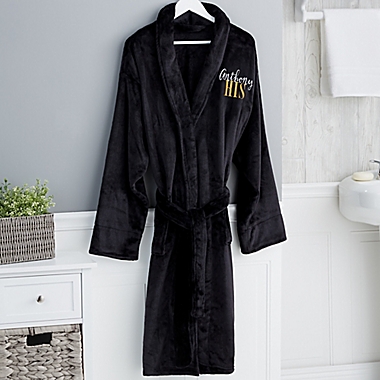His or Hers Embroidered Luxury Fleece Robe in Black. View a larger version of this product image.