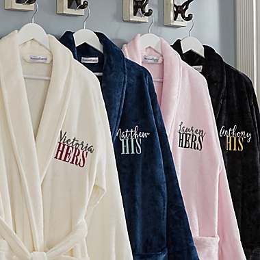 His or Hers Embroidered Luxury Fleece Robe in Black. View a larger version of this product image.