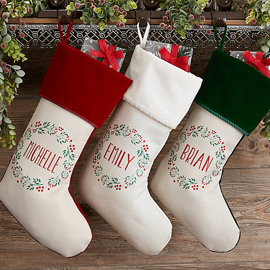 Alternate image 1 for Christmas Wreath Personalized Christmas Stocking Collection