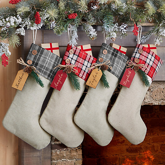 Alternate image 1 for Red Plaid Evergreen Personalized Stocking Tag Collection