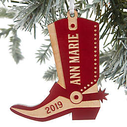 Western Boot Engraved Wood Ornament in Red Wood