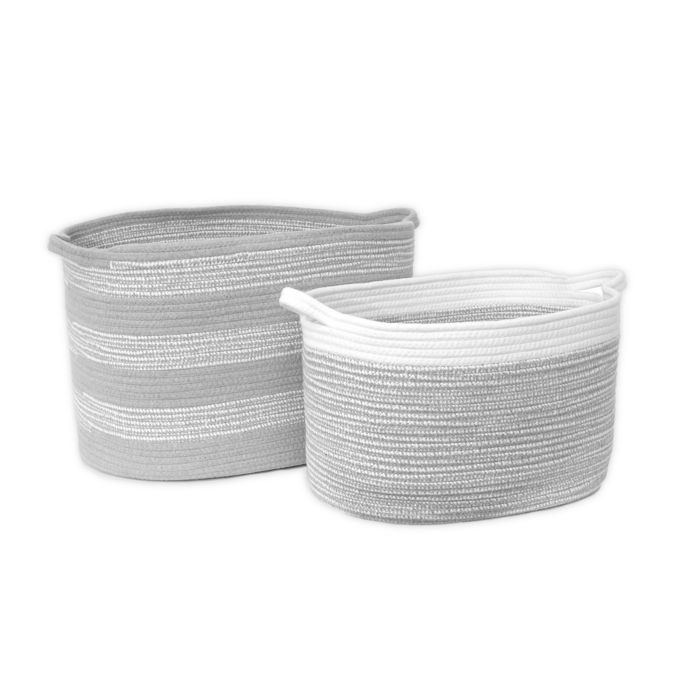 Taylor Madison Designs Oval Cotton Rope Tote Bins In Grey White Set 