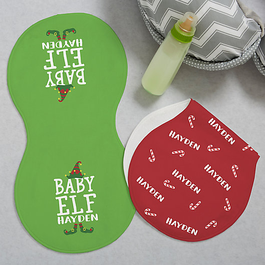 Alternate image 1 for Christmas Elf Personalized Burp Cloths (Set of 2)