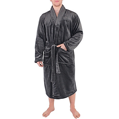 Shawl Collar Large/X-Large Men&#39;s Plush Robe in Charcoal. View a larger version of this product image.