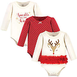 Little Treasure 3-Pack Pretty Reindeer Long Sleeve Bodysuits in Red