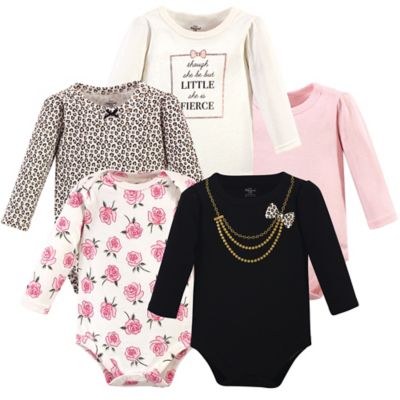 Little Treasures Size 0-3M 5-Pack Leopard Necklace Long Sleeve Bodysuits in Black