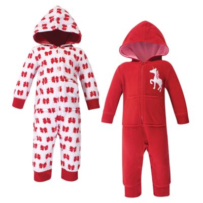 Hudson Baby&reg; 2-Pack Christmas Unicorn Hooded Fleece Union Suits in Red
