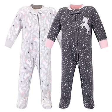 Hudson Baby&reg; Size 6-9M 2-Pack Whimsical Unicorn Fleece Sleep N&#39; Plays in Grey. View a larger version of this product image.