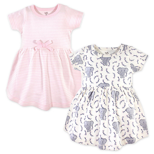 Alternate image 1 for Touched by Nature Size 12-18M 2-Pack Elephants and Stripes Organic Cotton Dresses in Pink