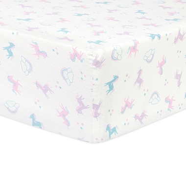 Trend Lab&reg; Unicorns and Stars Flannel Fitted Crib Sheet in Purple/Pink. View a larger version of this product image.