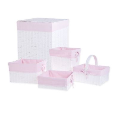 Bee &amp; Coco 5-Piece Wicker Lined Hamper Storage Set in White/Pink. View a larger version of this product image.