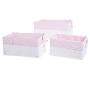 Bee &amp; Coco 3-Piece Wicker Lined Storage Baskets in White/Pink (Set of 3). View a larger version of this product image.