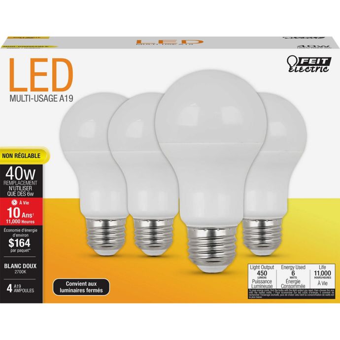 Feit Electric 4Pack A19 MediumBase NonDimmable LED Bulb Bed Bath