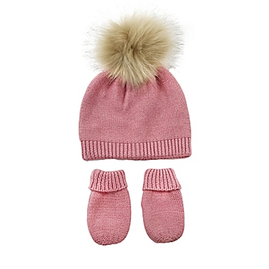NYGB&trade; Toddler 2-Piece Garter Stitch Pom Hat and Mitten Set in Rose Quartz. View a larger version of this product image.