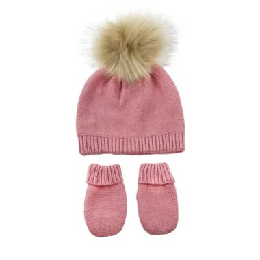 NYGB&trade; Infant 2-Piece Garter Stitch Pom Hat and Mitten Set in Rose Quartz. View a larger version of this product image.
