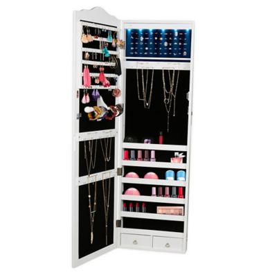 Mind Reader Jewelry Armoire with Mirror and LED Lights in White