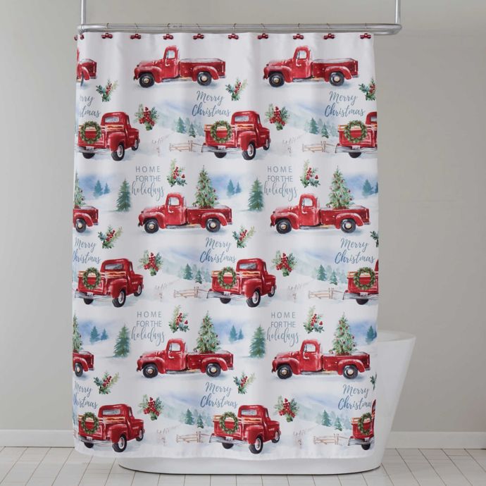 Holiday Trucks Shower Curtain and Hooks Set in Red | Bed Bath and ...