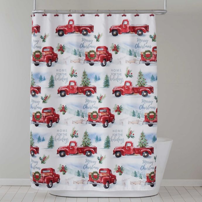 Holiday Trucks Shower Curtain and Hooks Set in Red Bed Bath and