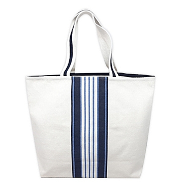 One Kings Lane Open House&trade; Center Stripe Canvas Tote Bag in White/Blue. View a larger version of this product image.