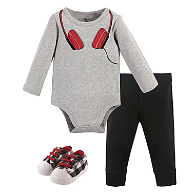 Little Treasure Size 12-18M 3-Piece Headphones Bodysuit, Pant and Shoe Set in Grey. View a larger version of this product image.