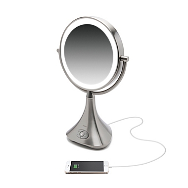 iHome&reg; 1X/7X Portable Double-Sided 9-Inch Vanity Mirror with Bluetooth&reg; Speaker. View a larger version of this product image.