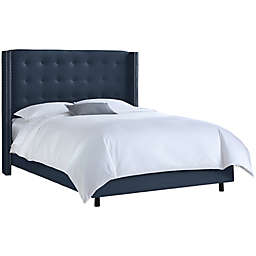 Queen Nail Button Tufted Wingback Bed in Linen Navy