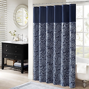 Madison Park Aubrey Jacquard Shower Curtain in Navy. View a larger version of this product image.