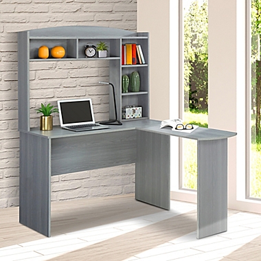 Techni Mobili Modern L-Shaped Desk with Hutch in Grey. View a larger version of this product image.