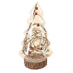 Luxen Home 9.1-Inch Glass Christmas Tree with Red Berries Holiday Decoration with LED Lights
