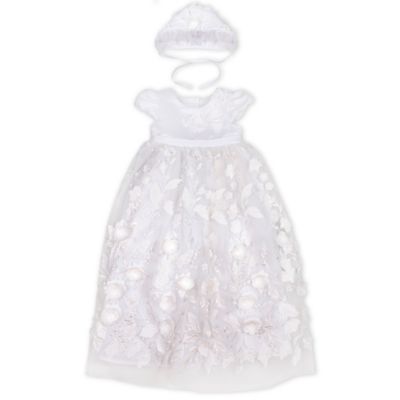 Biscotti Satin Flower Gown with Bonnet Set in White