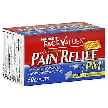 Harmon&reg; Face Values&trade; 50-Count Extra-Strength Pain Relief PM Caplets. View a larger version of this product image.