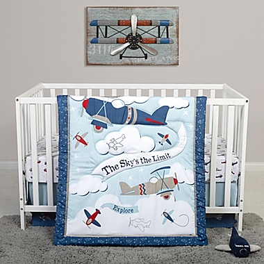 Sammy &amp; Lou Adventure Awaits 4-Piece Explorer Crib Bedding Set in Blue/White. View a larger version of this product image.