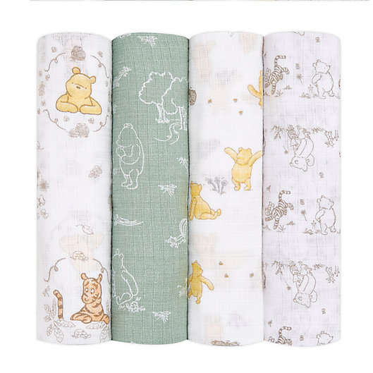Alternate image 1 for aden + anais essentials™ Disney® 4-Pack Winnie the Pooh Swaddle Blankets in White/Green