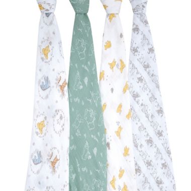 aden + anais essentials&trade; Disney&reg; 4-Pack Winnie the Pooh Swaddle Blankets in White/Green. View a larger version of this product image.