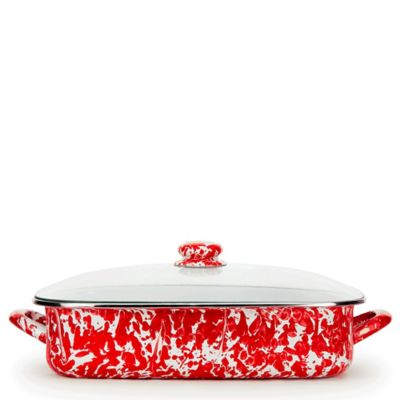 Red Swirl Pattern 10.5 qt Roasting Pan Golden Rabbit Enamelware