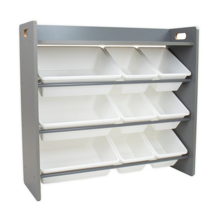 grey toy organizer with shelf