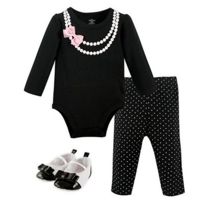 Little Treasure&trade; 3-Piece Pearls Long Sleeve Bodysuit, Pant and Shoe Set
