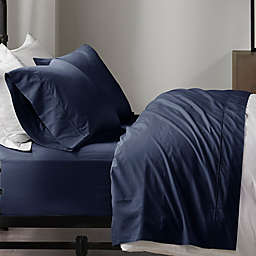 Madison Park 200-Thread-Count Peached Percale Cotton Full Sheet Set in Navy